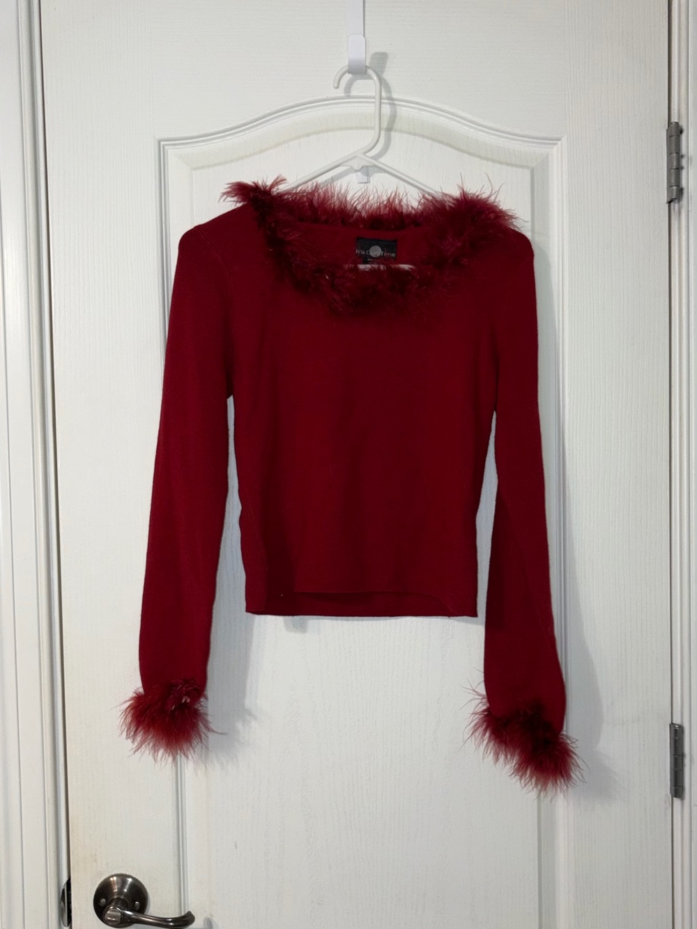 Red Long Sleeve Feather Trim Top